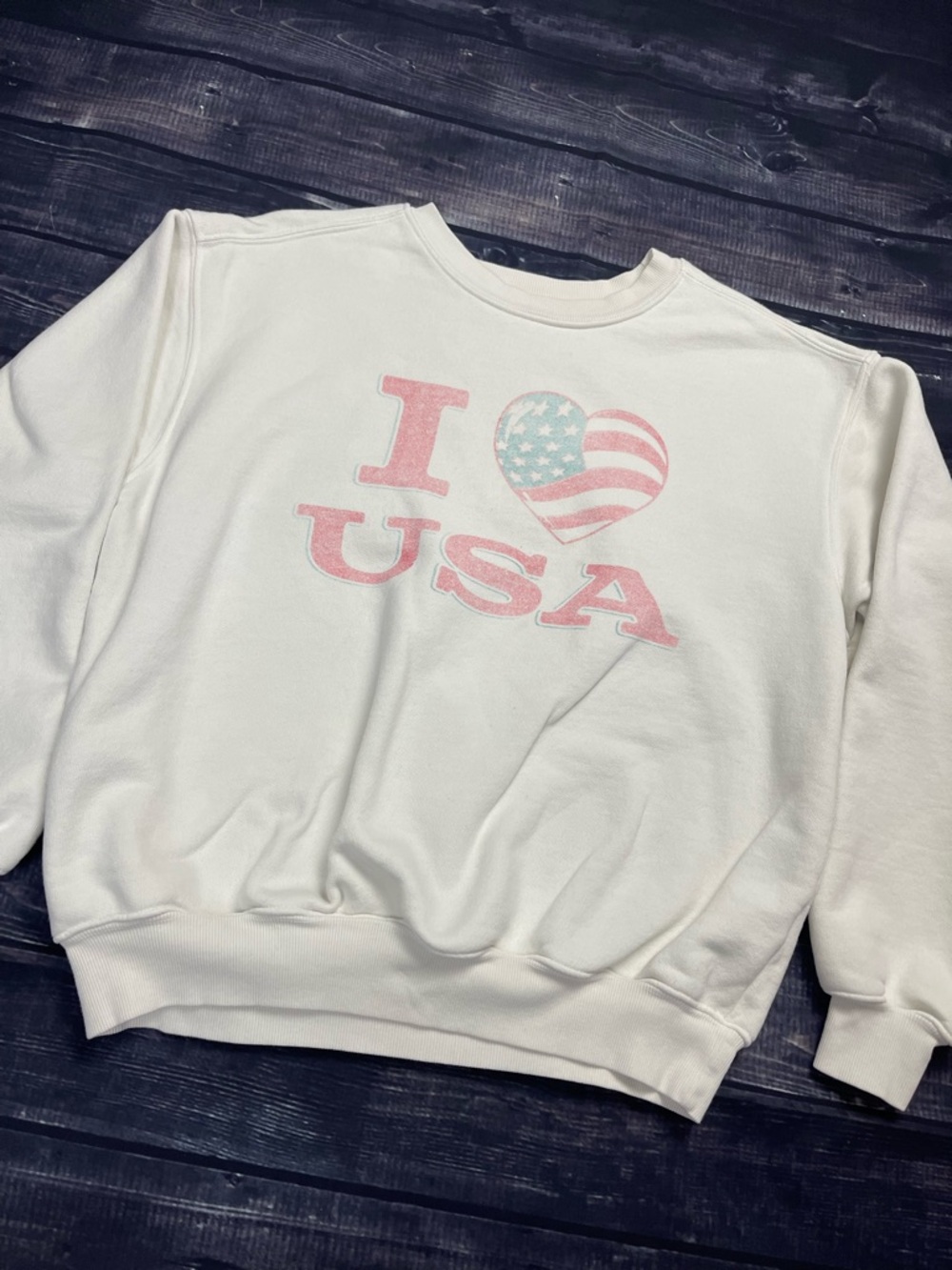 White Crewneck Sweatshirt with Red USA Heart Graphic